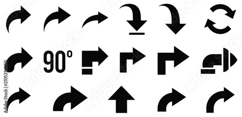 Set of black arrow icons showing 90 degree rotations and curves with different directions Vector