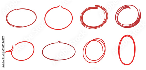 Tableau sur toile Set of simple red hand-drawn oval and circle icons with varying line thickness V