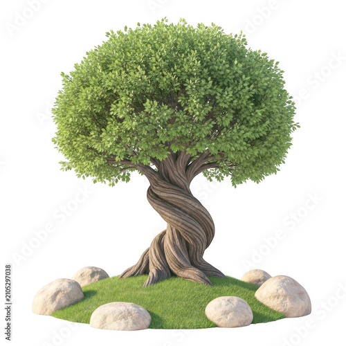 Twisting bonsai tree with lush green foliage on rocks