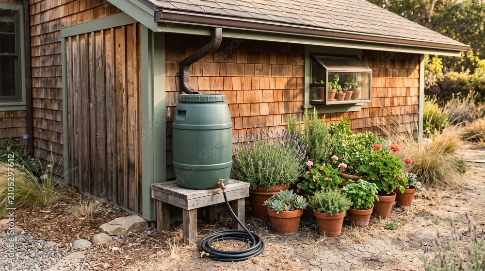 Obraz premium rainwater collection concept during a dry summer season, a small rain barrel connected to a simple gutter system beside lush container plants and dry textured soil, natural outdoor setting, warm clay,