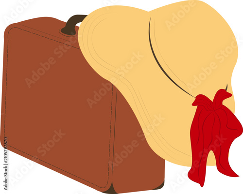 Canvas Print A women's hat with a red bow lies on a travel suitcase
