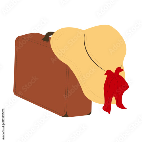 Photos A women's hat with a red bow lies on a travel suitcase
