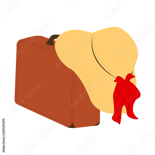 Tableau sur toile A women's hat with a red bow lies on a travel suitcase