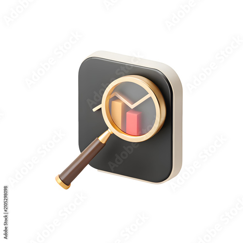 Magnifying Glass over Bar Chart: A 3D rendering of a magnifying glass positioned over a bar chart, symbolizing data analysis, research, and business insights.