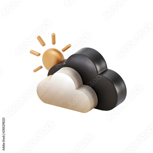 Partly Cloudy Weather Icon: A 3D rendered icon depicting a sun partially obscured by a mix of white and dark clouds, symbolizing variable weather conditions.