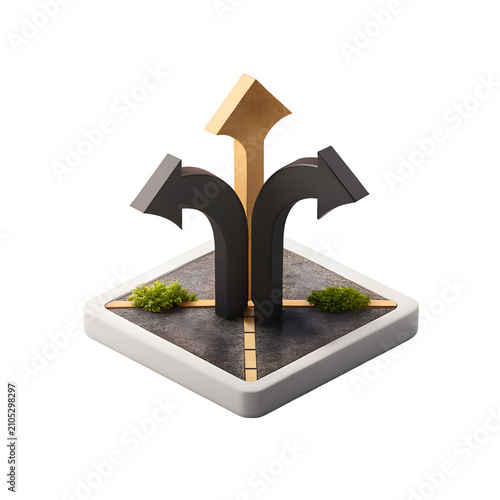  Crossroads of Decision: Three distinct arrows, one gold and two black, diverge at a junction, symbolizing a critical choice or a branching pathway, accompanied by miniature greenery.