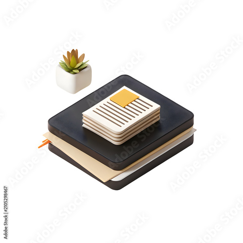 Minimalist Desk Setup: A clean and organized workspace featuring a notebook, a small potted succulent, and a stack of papers, embodying a modern and functional aesthetic.