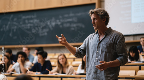 A university lecturer gestures while teaching students in a tiered classroom with a chalkboard and projected notes.