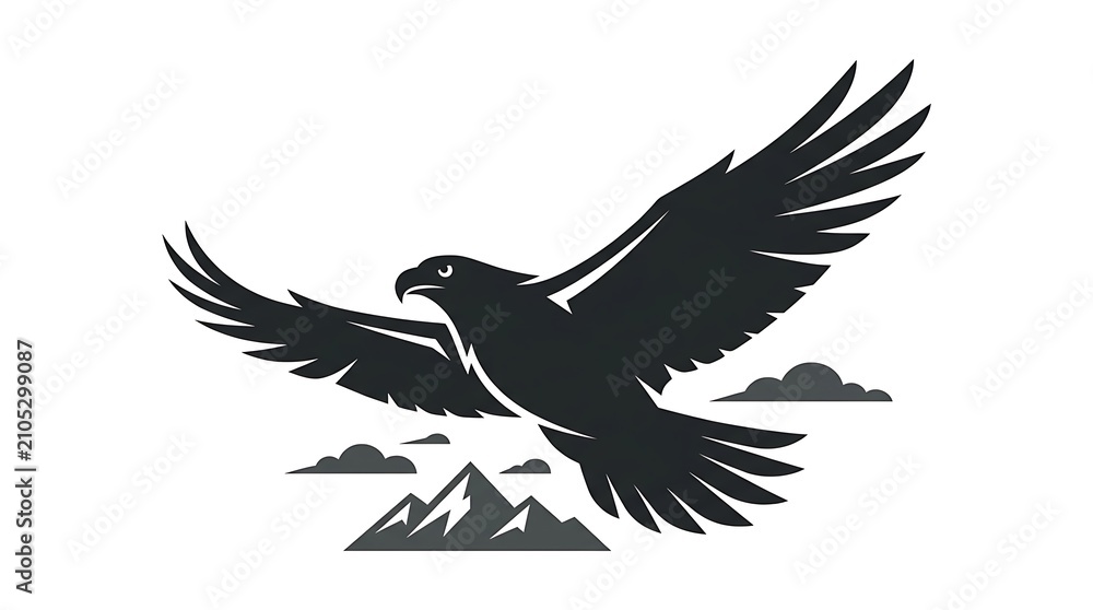 Fototapeta premium Silhouette eagle bird flying over mountain peaks and clouds