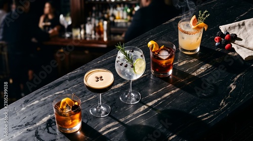 Sophisticated craft cocktails on dark marble bar, variety of elegant mixed drinks with garnishes, luxury nightlife and mixology concept
