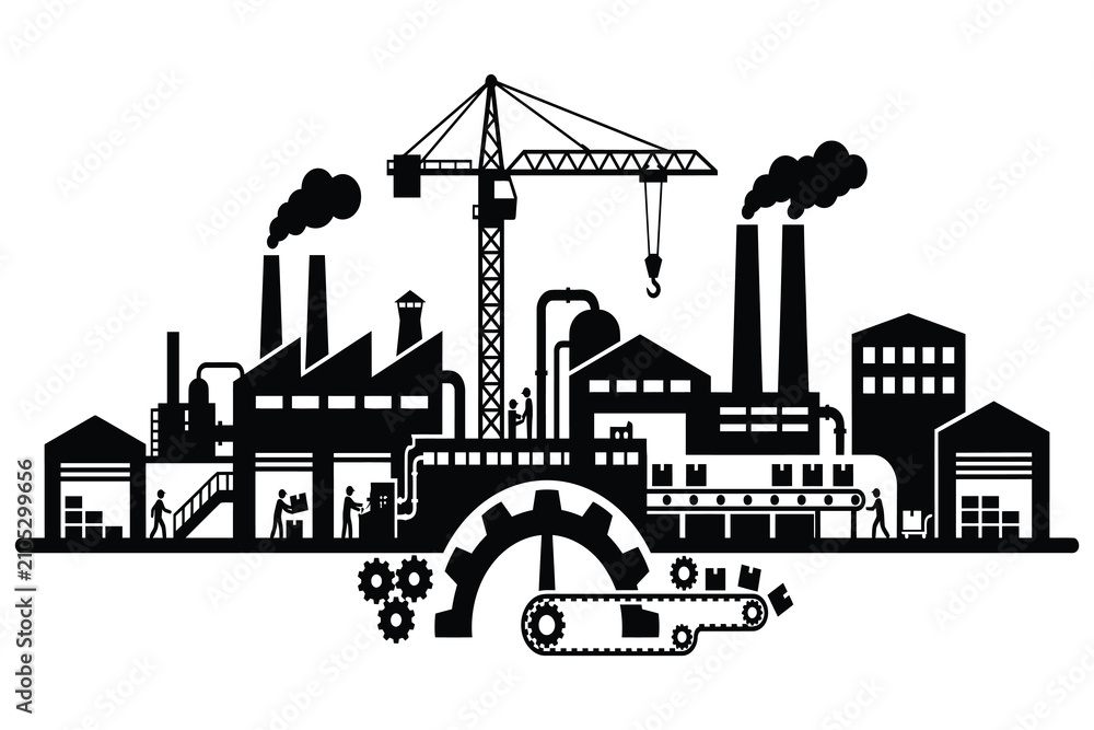 Fototapeta premium Industrial factory complex with machinery and construction crane illustration