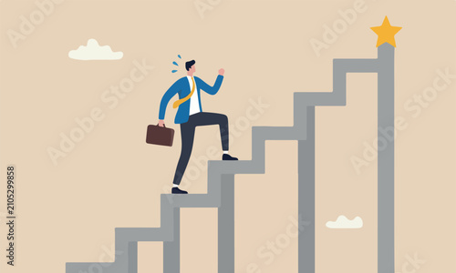 Business success career or adversity concept, businessman trying hard with full effort to climb up big step ladder or stairway