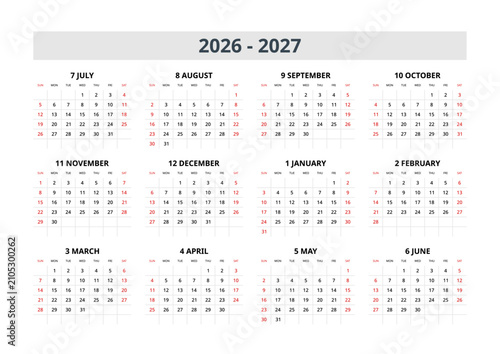 English 2026-2027 Horizontal 4x3 Grid Asymmetric Swiss Grid Calendar Minimalist Typography Wall Sheet (Compatible with 2037-2038 and 2054-2055).