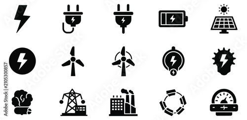 Fotografía Set of sixteen black and white energy and power source icons including lightning