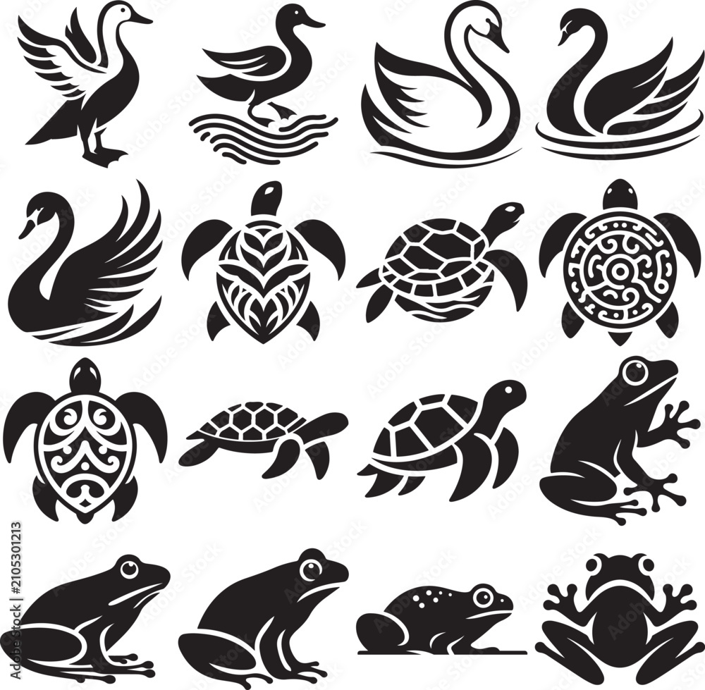 Obraz premium Black and white waterfowl and amphibian vector icons set