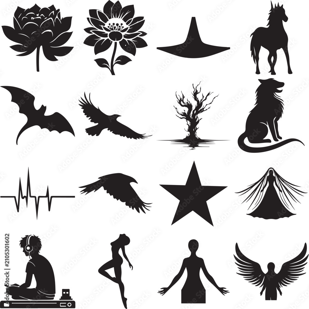 Fototapeta premium Black and white gothic fantasy symbols and creatures illustration