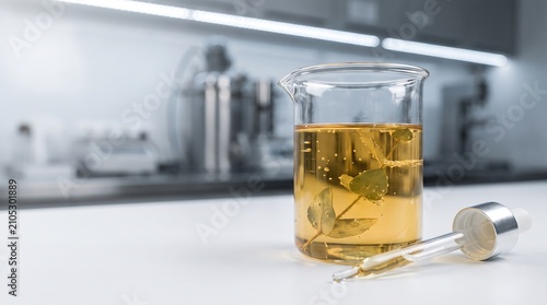 Natural cosmetic oil formulation with herbal extract in beaker