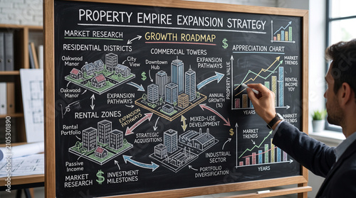 A business strategy for property empire expansion is presented on a blackboard with colorful drawings, charts, and text, as a businessman draws on it