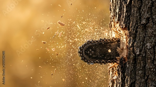 Chainsaw cutting through tree trunk with flying sawdust