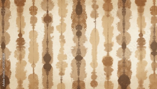 Vertical paint strokes form irregular stripe pattern. Abstract organic shapes create textured surface. Earthy beige and brown tones evoke rustic natural feel. This design suggests handmade fabric.