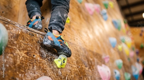 Person climbing indoor bouldering wall wearing specialized shoes