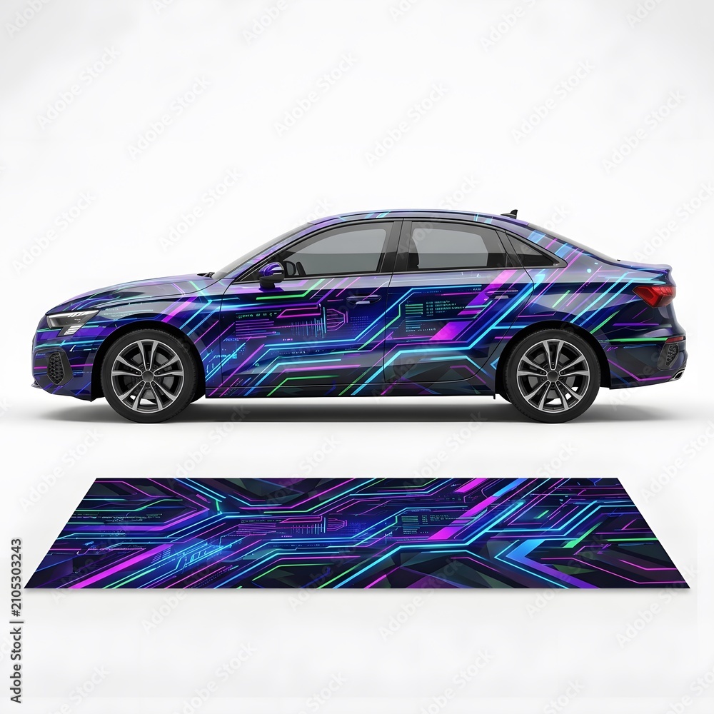 Fototapeta premium Futuristic Car Wrap Design: Cyberpunk Circuit Board Pattern with Neon Blue and Purple Lights, Automotive Customization