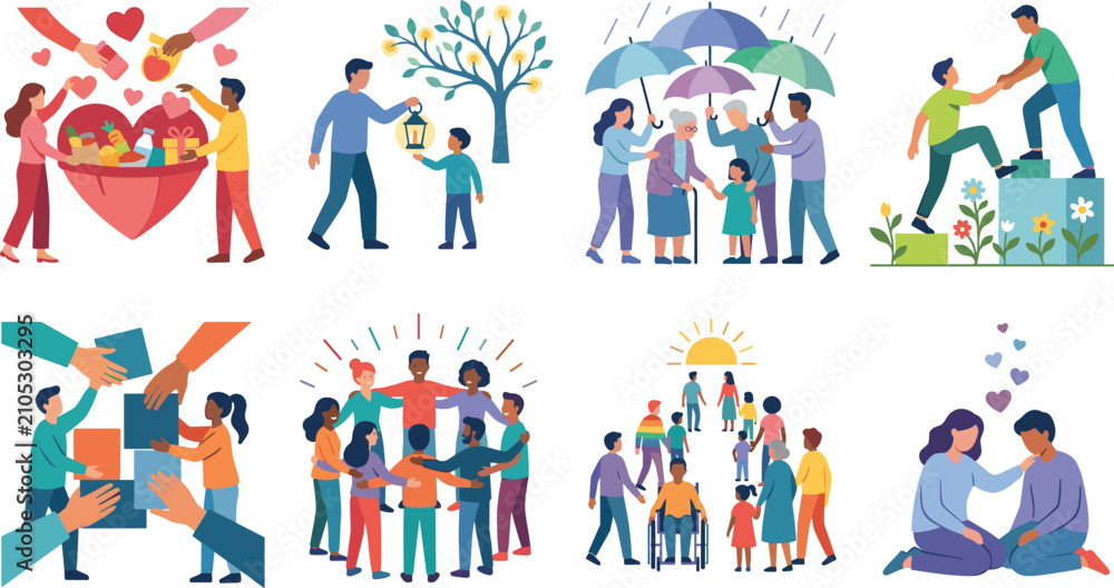 Fototapeta premium Charity and Community Support Vector Icon Set Representing Kindness Helping Others Donation and Social Care