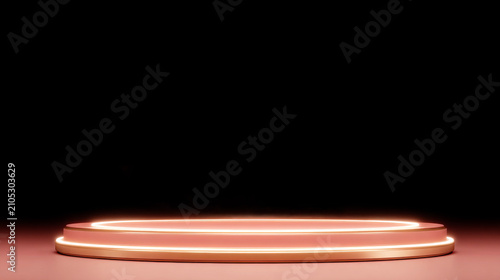 A circular red product podium featuring glowing warm neon rings stands against a dark, minimalist background.