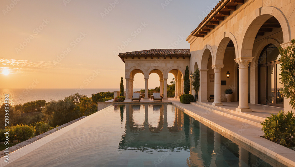 Obraz premium Luxury Villa Infinity Pool with Ocean Sunset View - Upscale Mediterranean Architecture