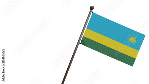 A realistic 3D render of the Rwanda national flag waving on a wooden flagpole, isolated against transparent background with copy space