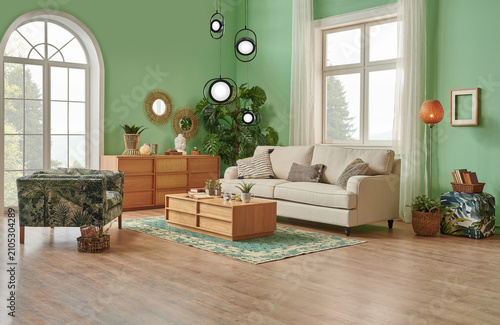 Green living room and wall background concept, wooden furniture, table, chair vase of plant and brown parquet style.