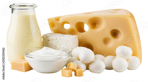 Foto Dairy products assortment Swiss cheese mozzarella balls yogurt milk, and cheese