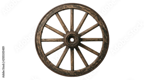 Old rustic wooden wagon wheel isolated on transparent background