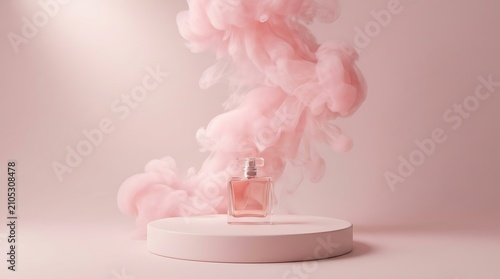 Perfume bottle on a pedestal with pink smoke effect