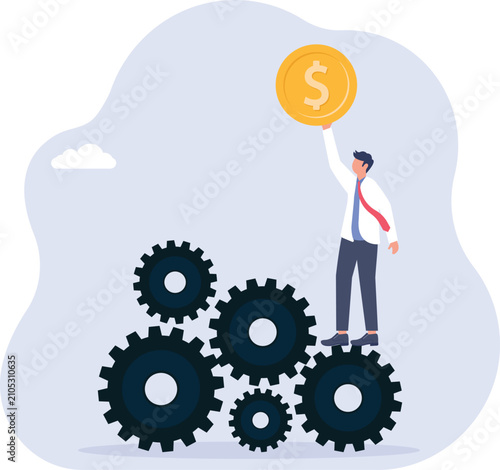 Businessman placing coin on gears