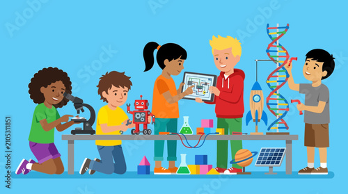 Foto Diverse Group of Kids Learning STEM Subjects in Classroom