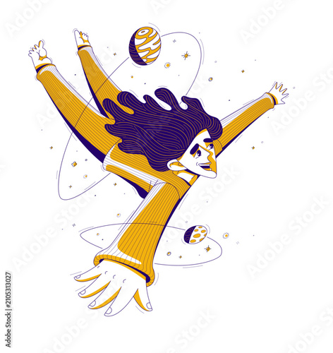 Foto Person floating among planets in space, imagination and exploration concept, dreamer in universe, freedom, creativity, cosmic journey illustration