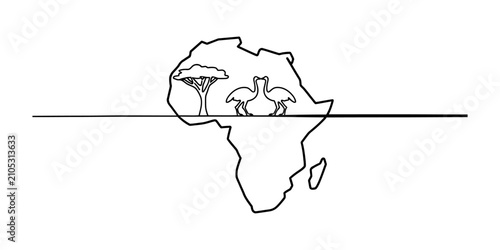Foto Minimalist line art illustration of the african continent map with an acacia tre