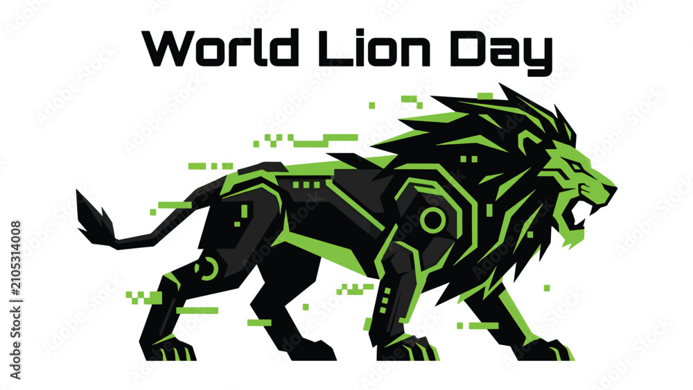 Fototapeta premium Lion Digital Illustration with Neon Green Circuit Board Patterns