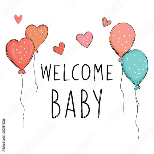 welcome baby text with colorful hearts and balloons isolated vector illustration