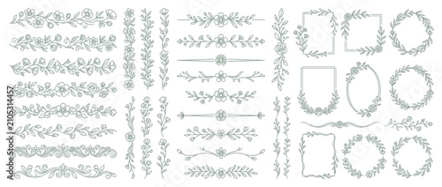 Hand-drawn floral decorative elements and borders set