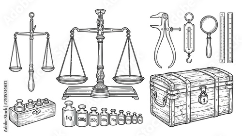 Foto Vintage Measuring Instruments and Weights Collection