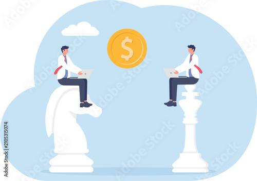 Businessmen sitting on chess pieces looking at a coin