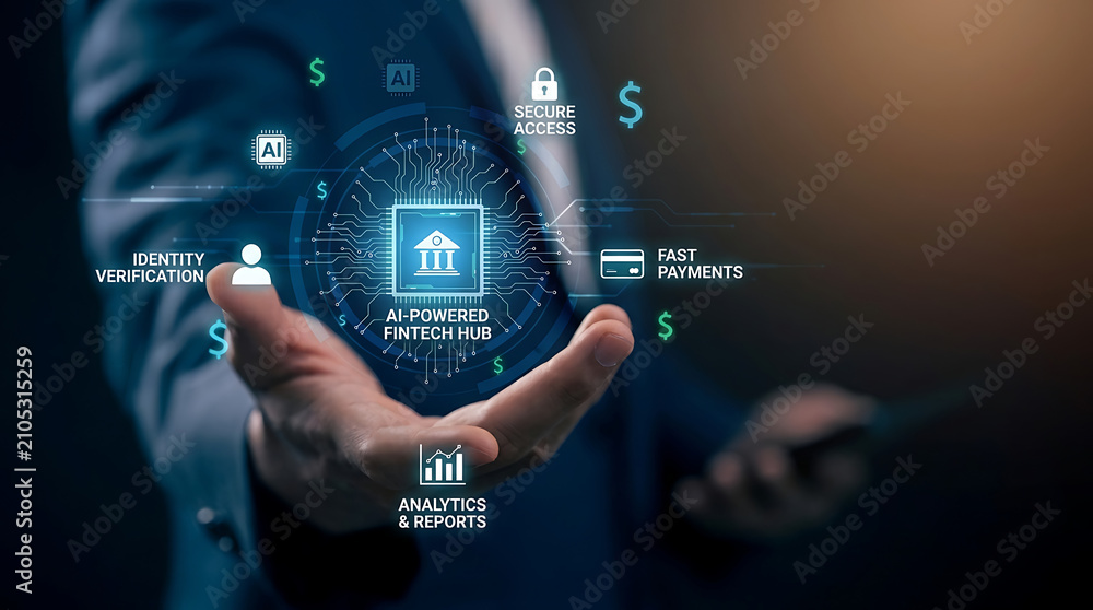Fototapeta premium Hands holding digital holographic interface with icons