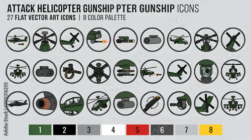 Fotografija Flat Vector Icons of Attack Helicopters and Military Aircraft Components, 27 Gra