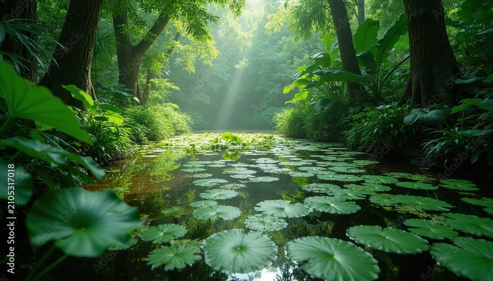 Obraz premium Sunlight rays pierce through dense jungle trees onto tranquil pond surface covered in green lotus leaves. Exotic rainforest ecosystem with swamp water plants rich foliage, wild nature park greenery