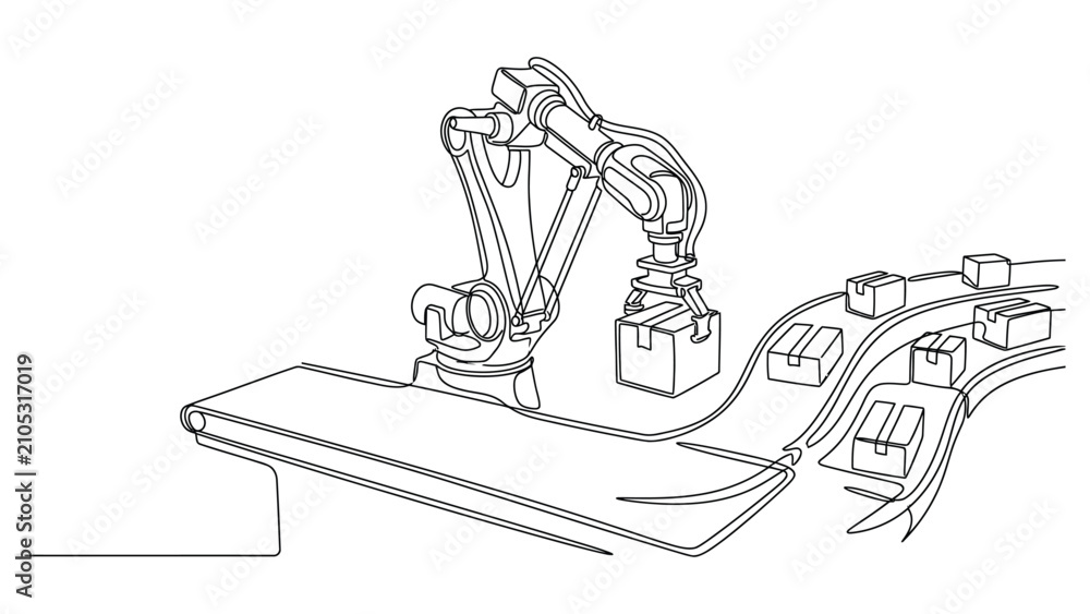 Naklejka premium Continuous line drawing of a robotic arm in an industrial factory