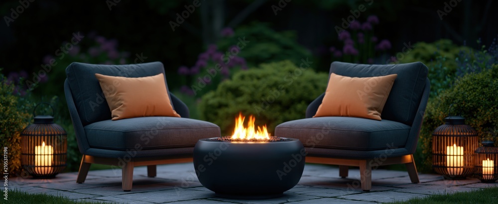 Fototapeta premium Evening patio with glowing fire bowl, modern seating, lanterns, and lush garden for cozy outdoor gatherings.
