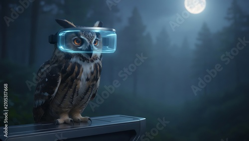 Owl Wearing Futuristic Augmented Reality Glasses in Moonlit Forest at Night