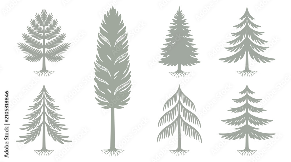 Fototapeta premium Collection of stylized evergreen tree silhouettes